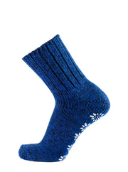Calza artigianale antiscivolo in lana merino e cotone - blu