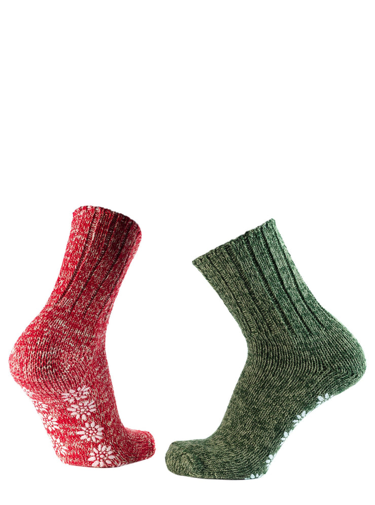 Calze artigianali antiscivolo in lana merino e cotone - rosso e verde