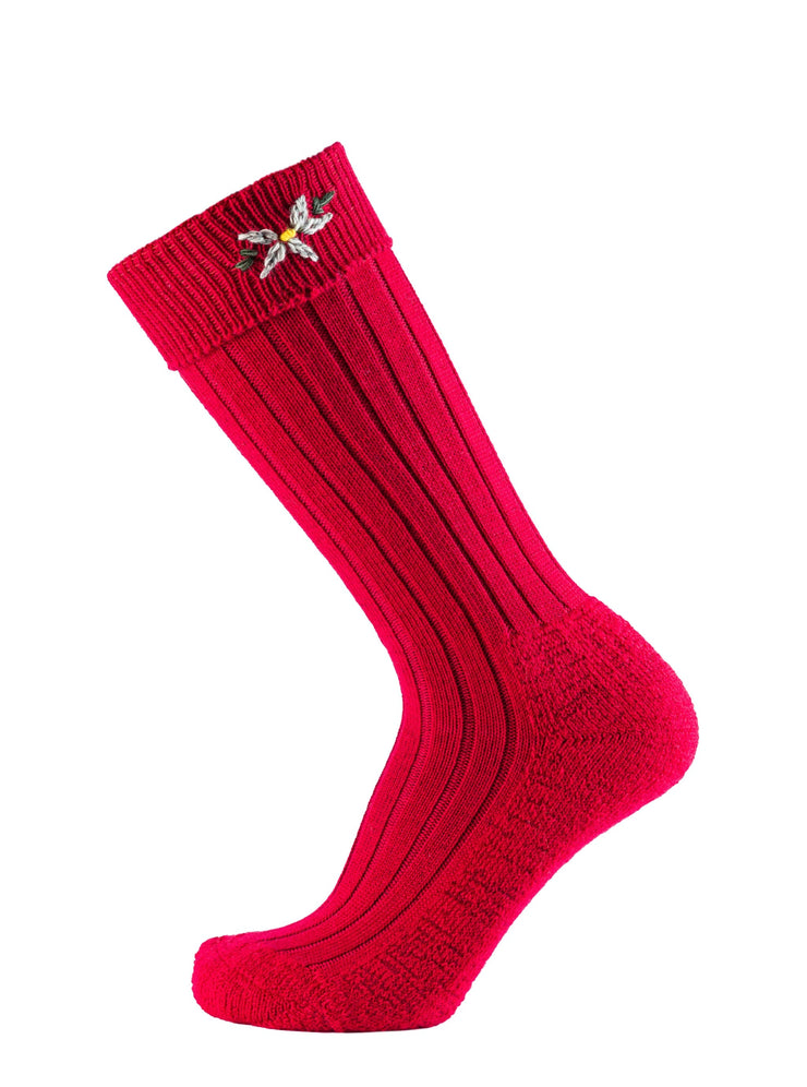 Calza tirolese gambaletto in lana Merino con soletta in spugna - rosso con stella alpina
